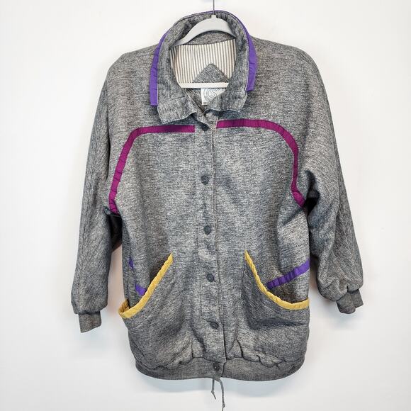 Vintage 90s Relaxed Jacket Size M Gray Retro Pink Stripe Button Up Current Scene - Picture 1 of 14